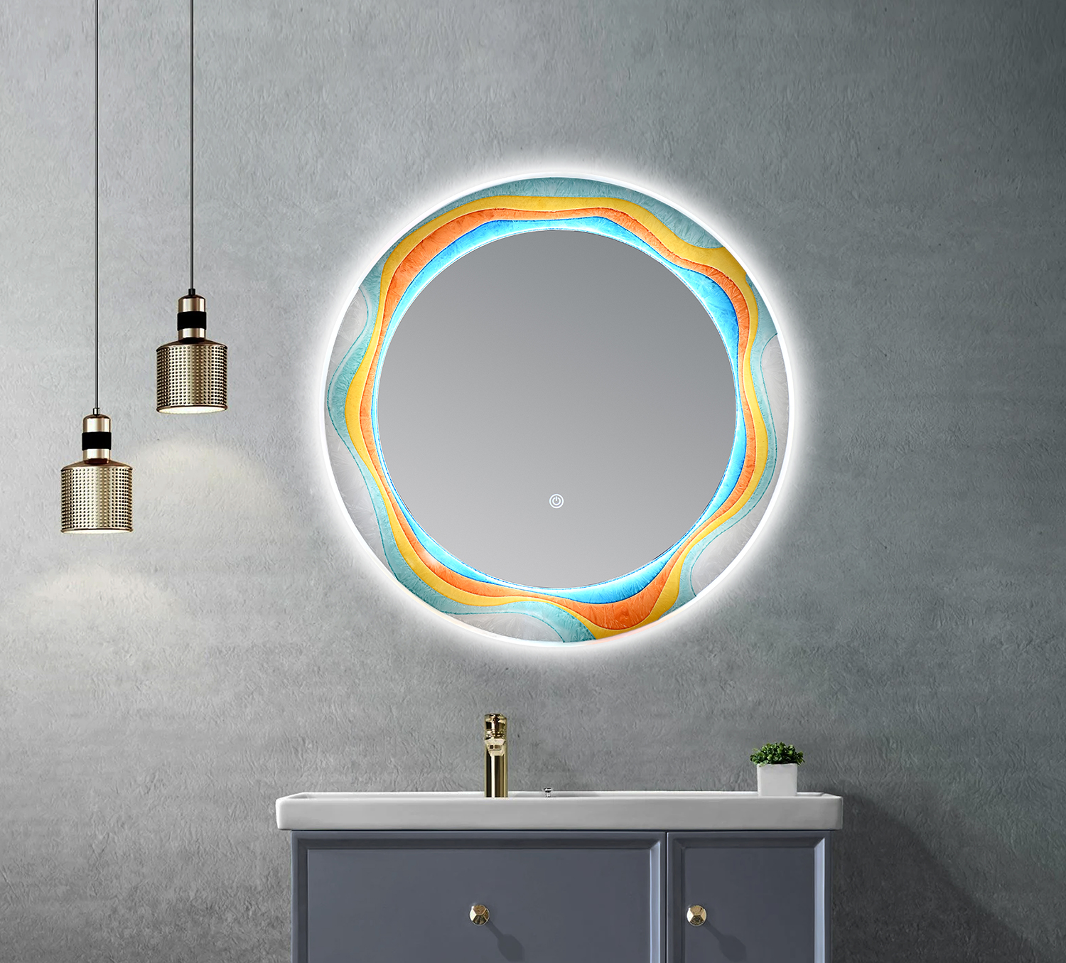 Decorative Circular LED Vanity Mirror Art‑Style Acrylic Border Touch‑Control Dimmable
