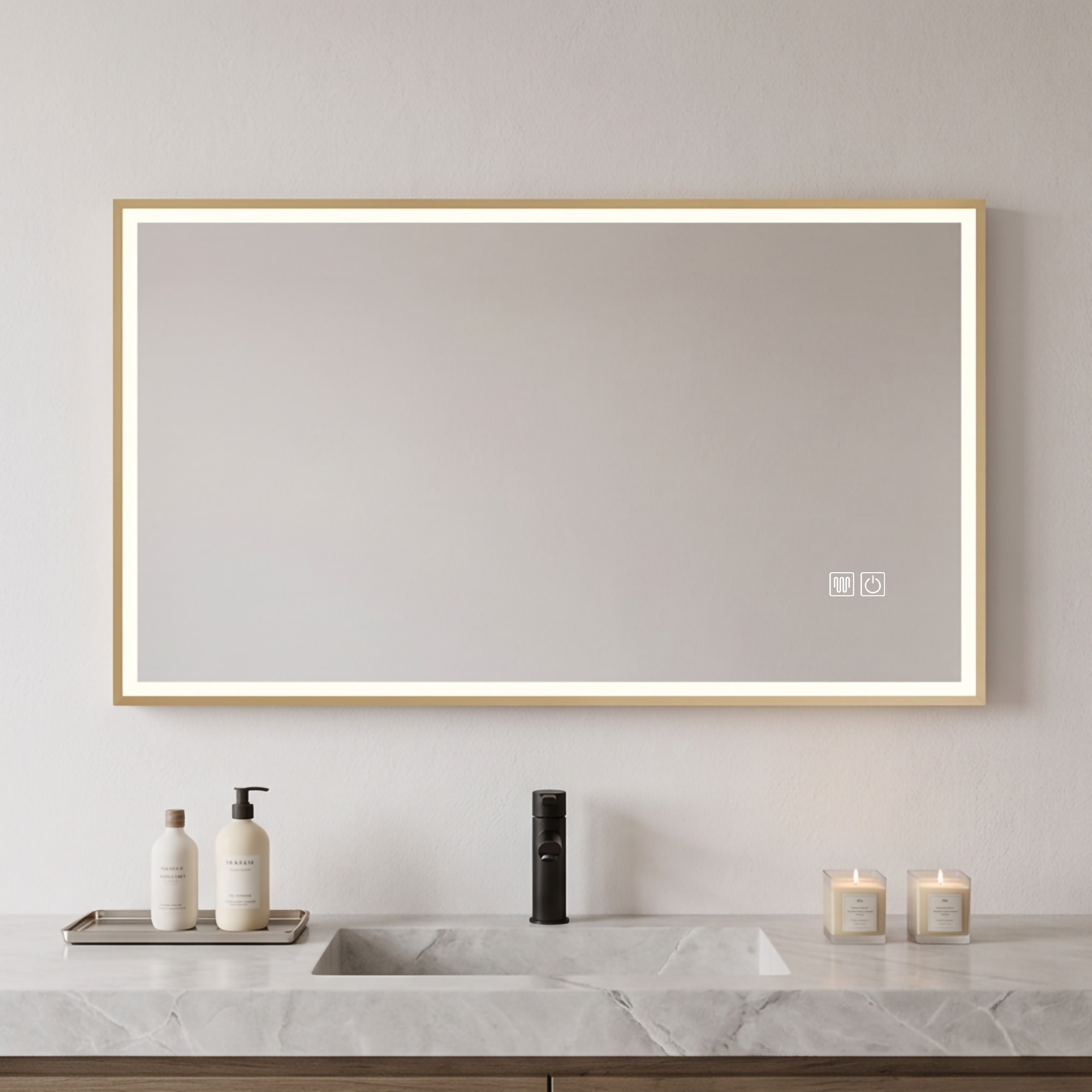 Elegant Rectangular Gold Sandblasted Aluminum Framed Smart Touch Brightness Control Illuminated Wall Home Decor Vanity Makeup Cosmetic LED Bathroom Mirror
