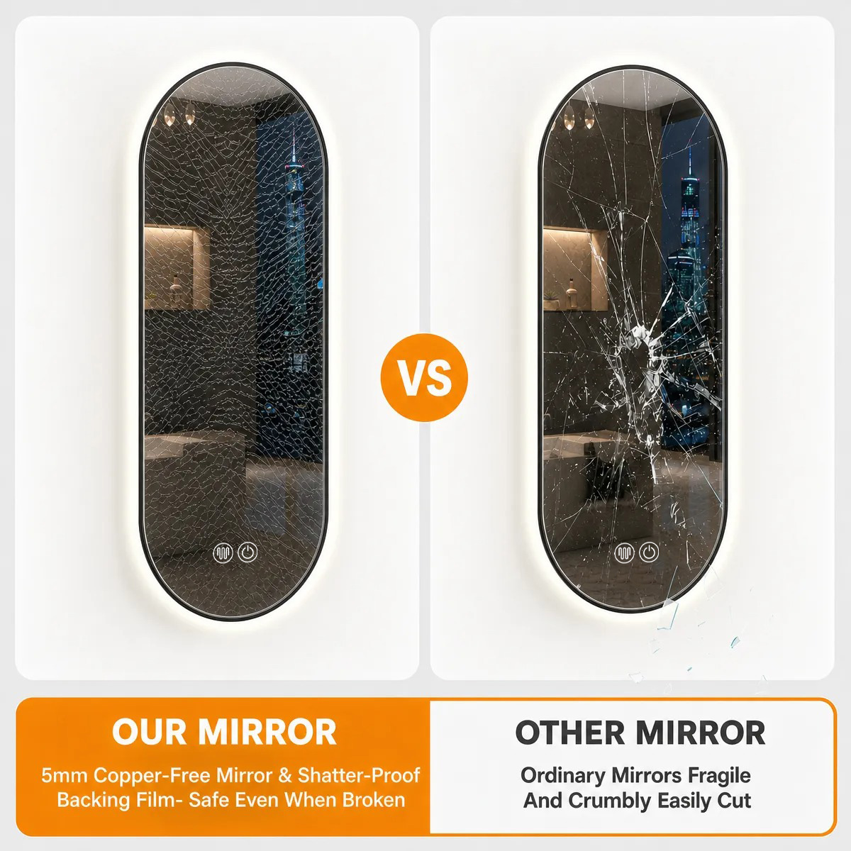 5mm copper-free mirror and shatterproof backing film, safe even when broken