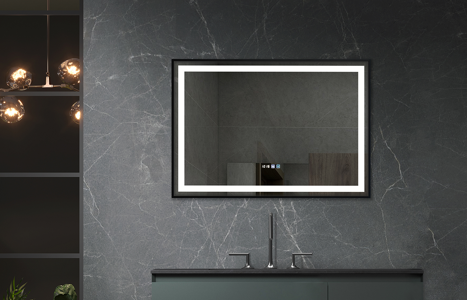 Rectangular Black‑Framed LED Bathroom Mirror With Border Back‑Light & Time Display