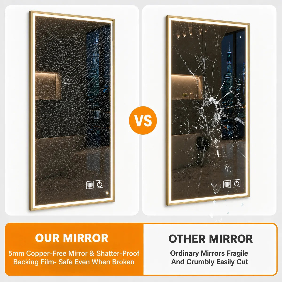 5mm copper-free mirror and shatterproof backing film, safe even when broken