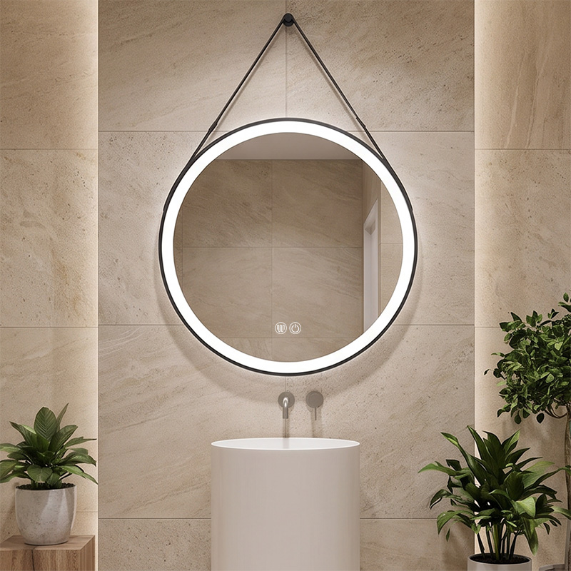 Round Black Sandblasted Aluminum Framed Leather Strap Smart Touch Anti-Fog Three Color Illuminated Wall Vanity Makeup Cosmetic Light LED Bathroom Mirror