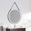 Round Black Sandblasted Aluminum Framed Leather Strap Smart Touch Anti-Fog Three Color Illuminated Wall Vanity Makeup Cosmetic Light LED Bathroom Mirror