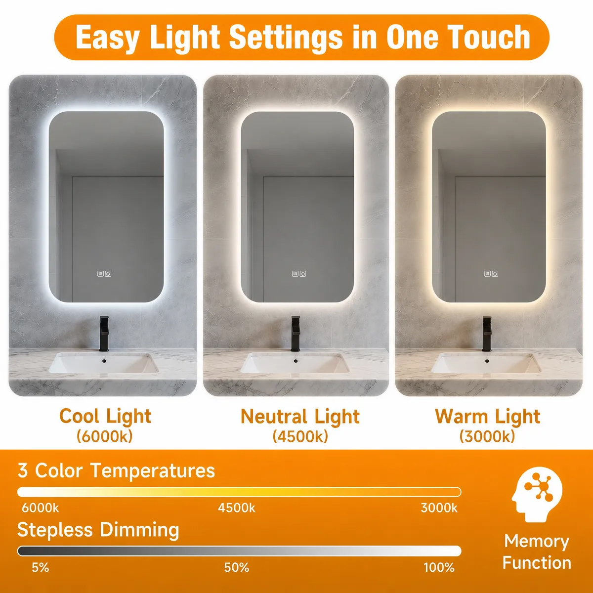 cool neutral warm light, stepless dimming, memory function