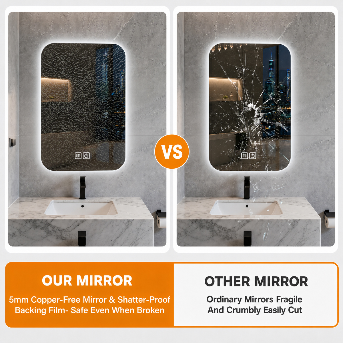 5mm copper-free mirror and shatterproof backing film, safe even when broken