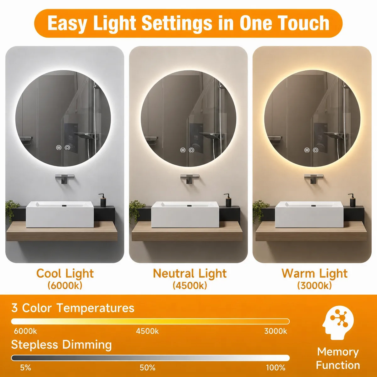 cool neutral warm light, stepless dimming, memory function