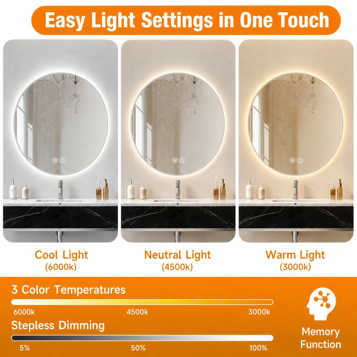 cool neutral warm light, stepless dimming, memory function