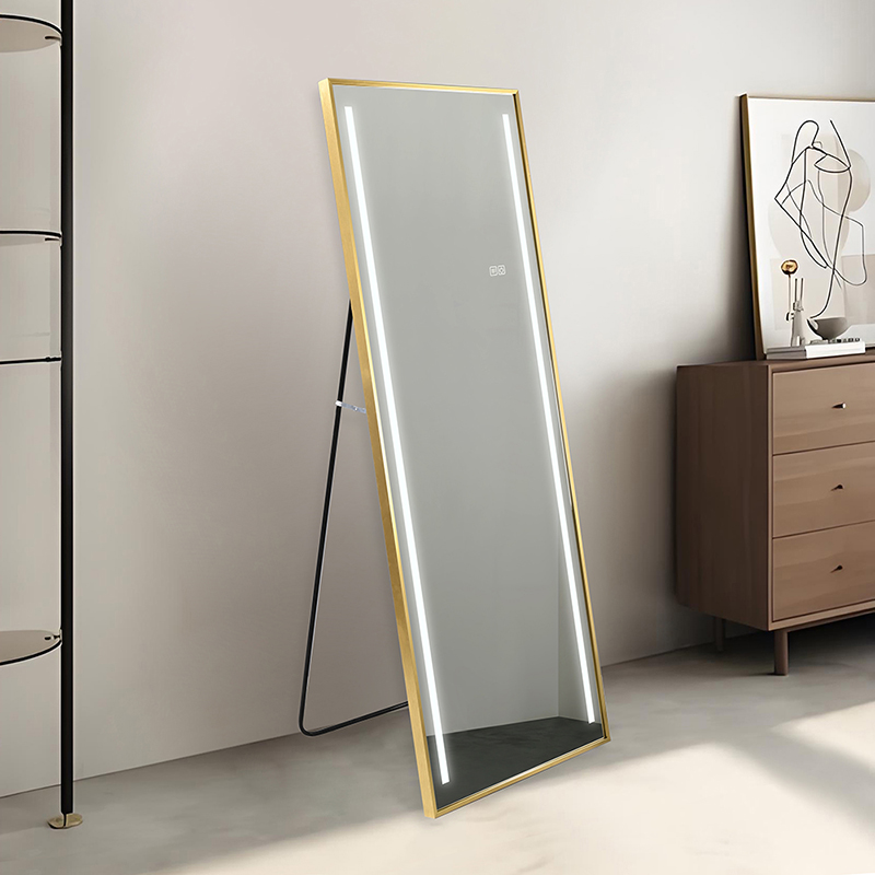 Freestanding Full Body LED Floor Mirror Gold Aluminum Frame Touch Control