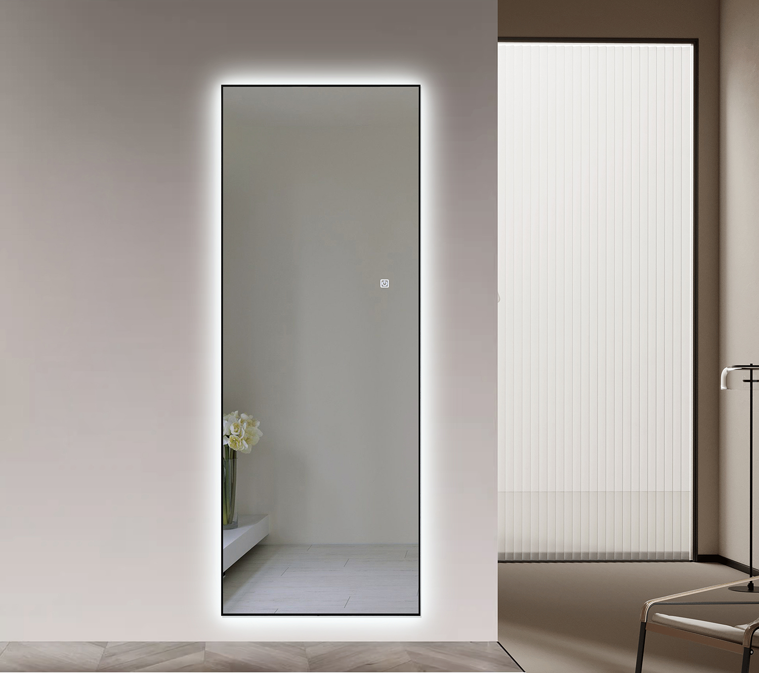 Vertical Wall‑Mounted LED Floor Mirror Ultra‑Slim Black Frame Touch‑Control Dimmable