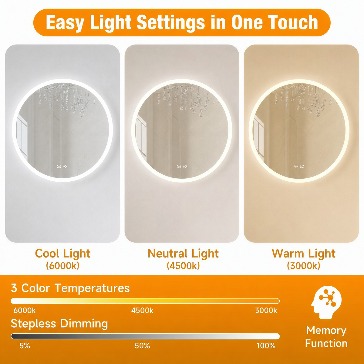 cool neutral warm light, stepless dimming, memory function