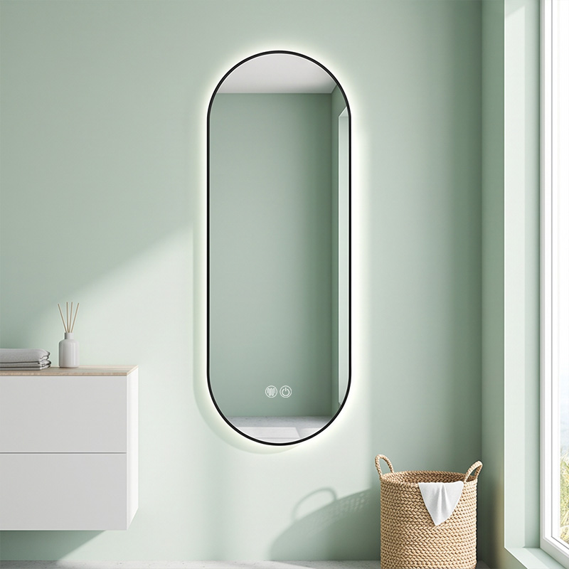 Capsule Oval Ultra Slim Black Aluminum Framed Anti Fog Backlit Smart LED Bathroom Wall Vanity Makeup Cosmetic Dressing Mirror