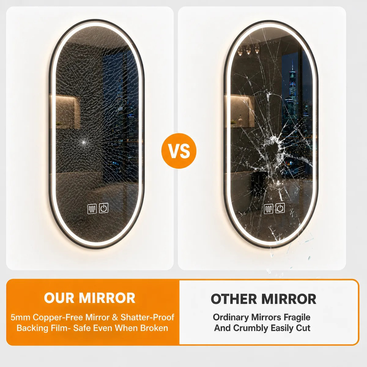 5mm copper-free mirror and shatterproof backing film, safe even when broken