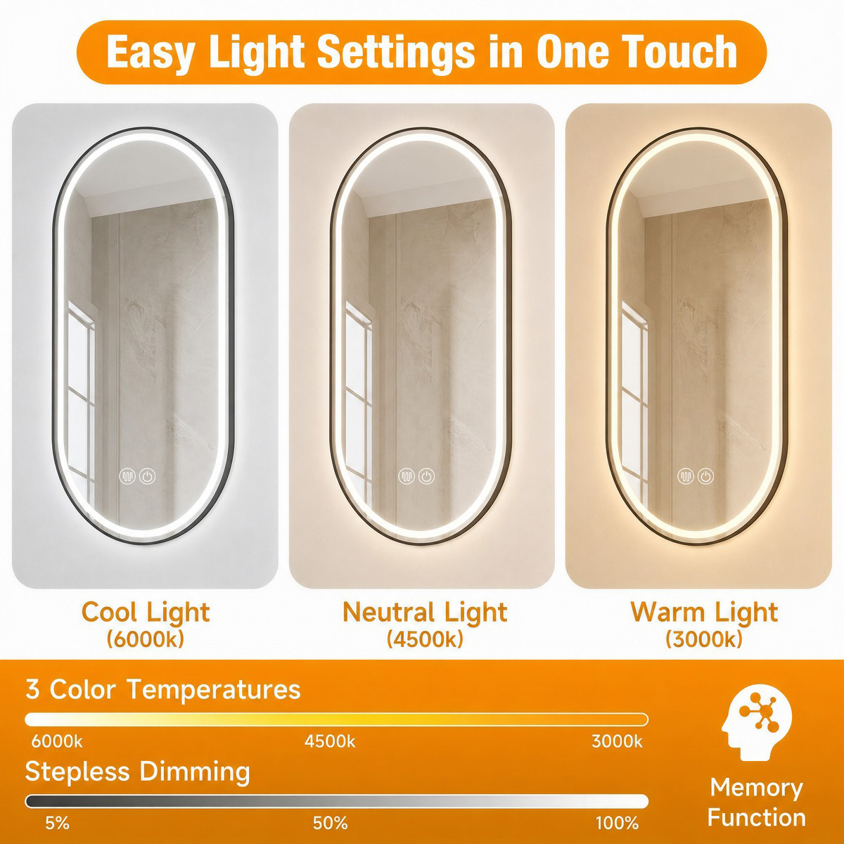 cool neutral warm light, stepless dimming, memory function