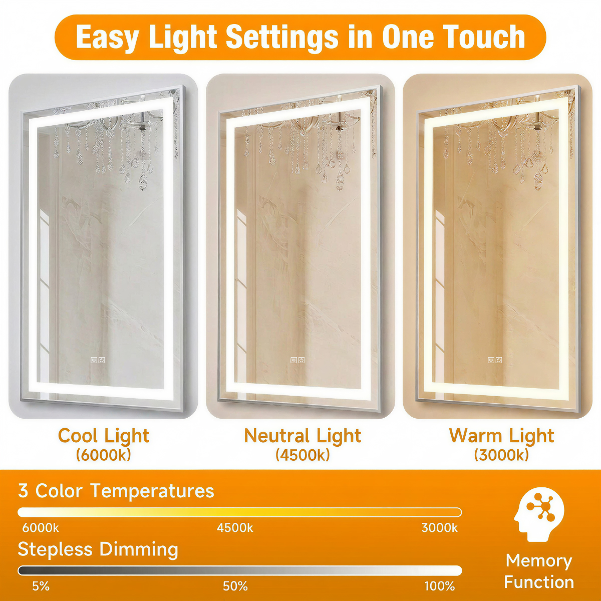 cool neutral warm light, stepless dimming, memory function