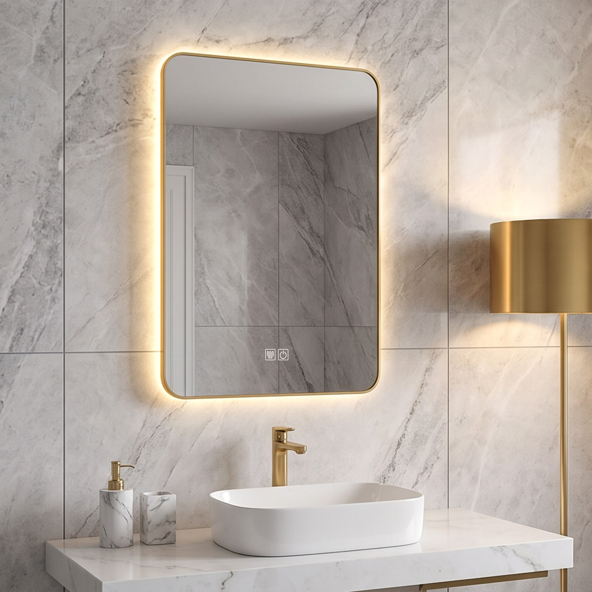Ultra-Thin 8mm Golden Aluminum Frame LED Bathroom Defogger Touch Switch Espejo Mirror