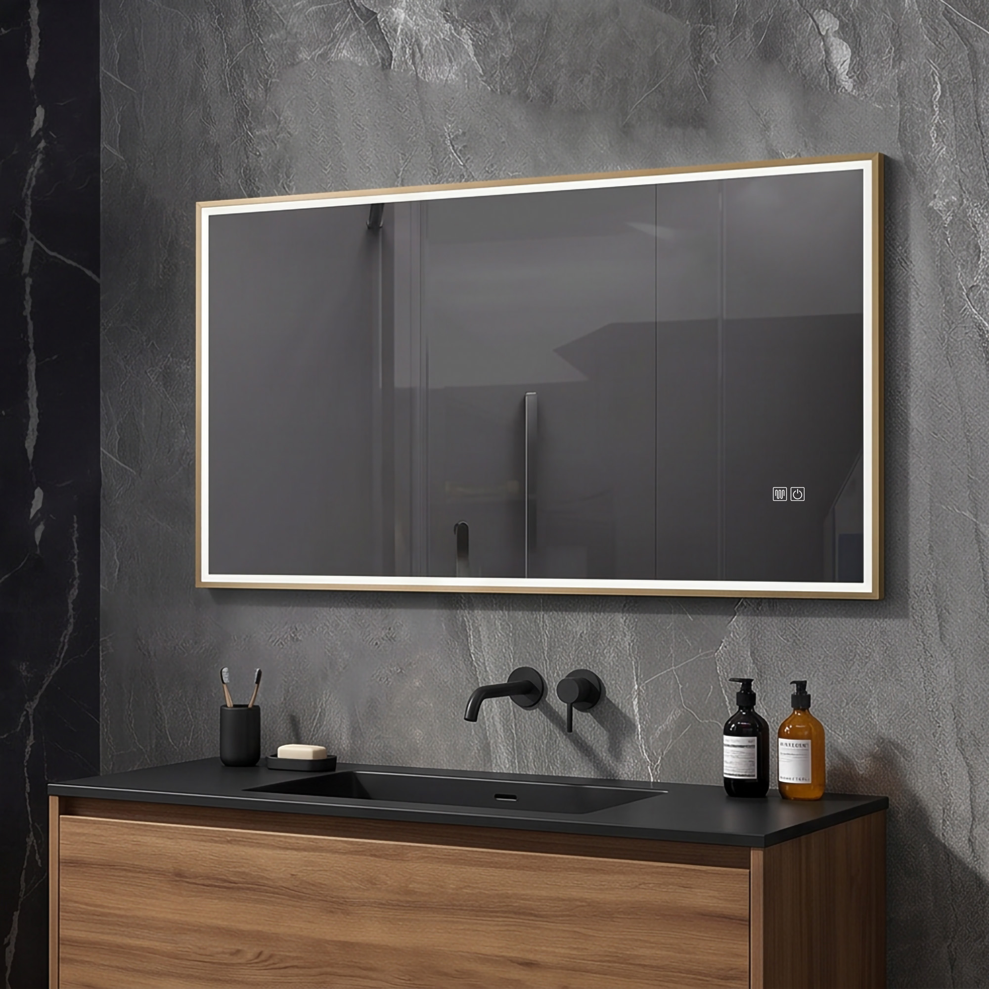 Wooden Gold Frame Front-Lit LED Bathroom Mirror with Frosted Area for Vanity