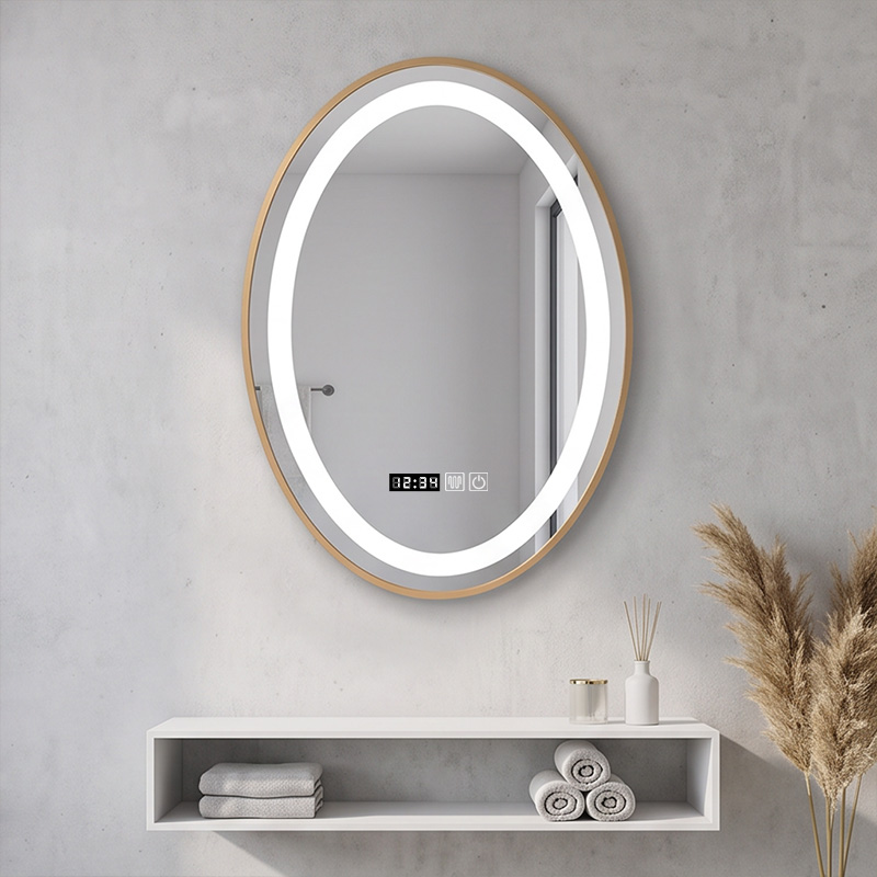 Oval Gold Sandblasted Aluminum Framed Smart Time Display Illuminated LED Wall Mounted Home Decor Vanity Makeup Cosmetic Light Bathroom Mirror Espejos