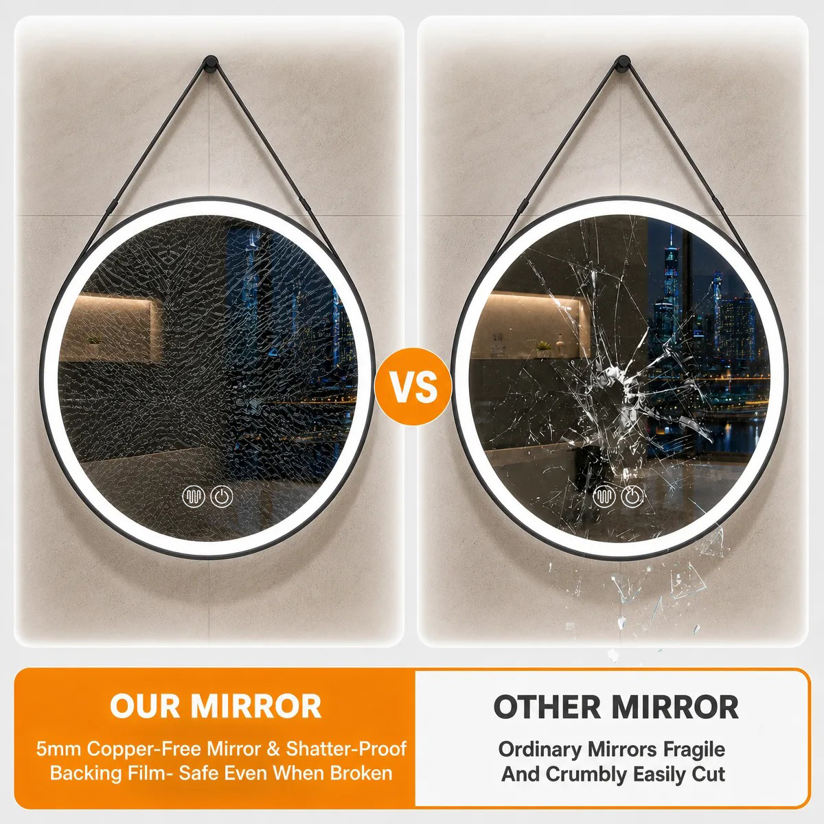 5mm copper-free mirror and shatterproof backing film, safe even when broken