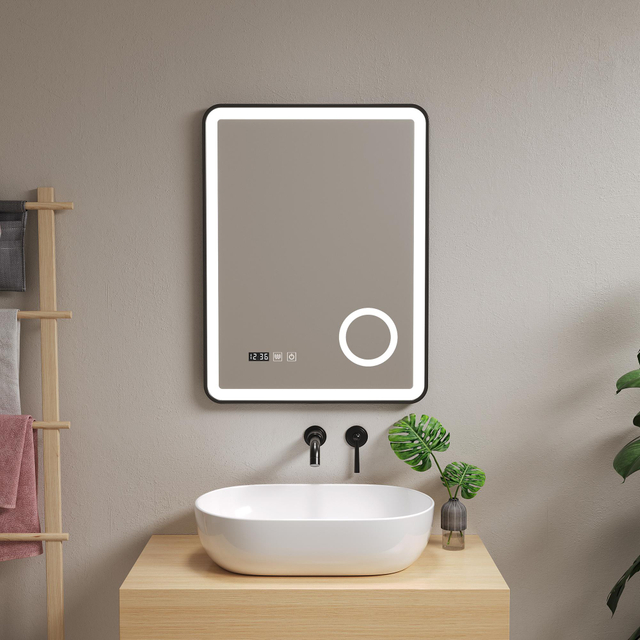 Rectangular Black Sandblasted Aluminum Framed Smart Anti-Fog Magnifier Illuminated LED Wall Mounted Home Decor Vanity Makeup Cosmetic Bathroom Mirror