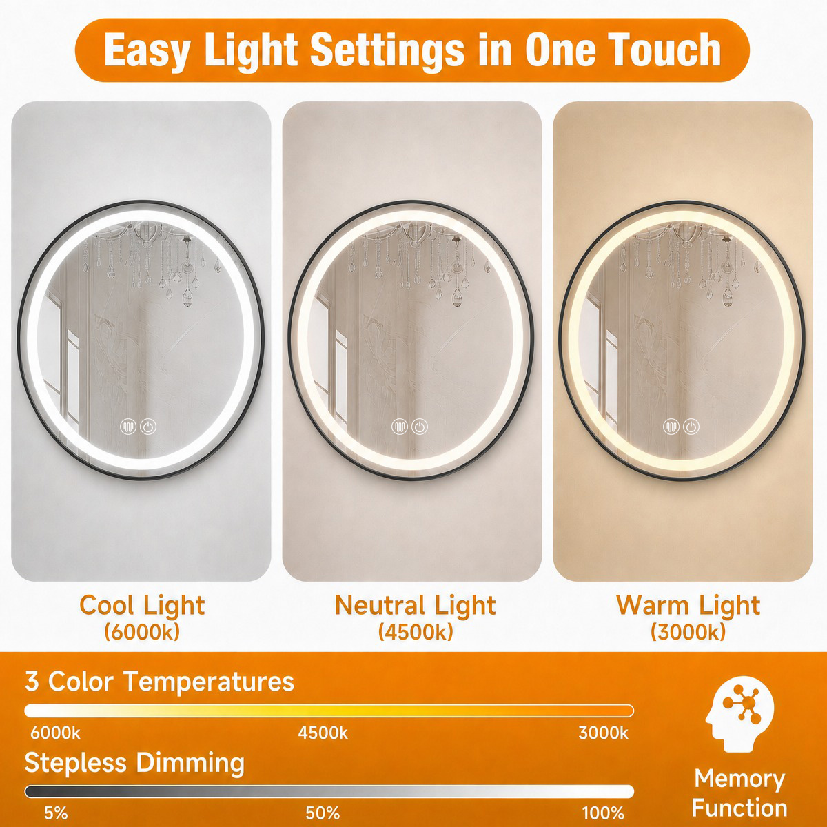cool neutral warm light, stepless dimming, memory function