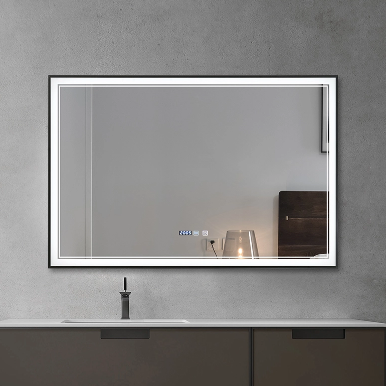 Large Rectangular LED Bathroom Mirror 47"x32" Black Frame Double‑Line Light