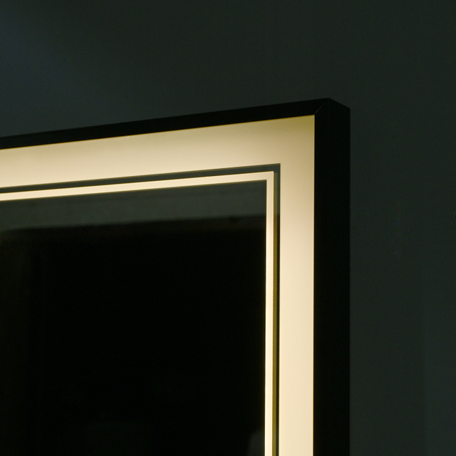 Large Rectangular LED Bathroom Mirror 47"x32" Black Frame Double‑Line Light