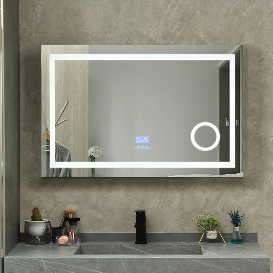 Sandblasted LED Bathroom Mirror with Bluetooth Speaker & Makeup Magnifier
