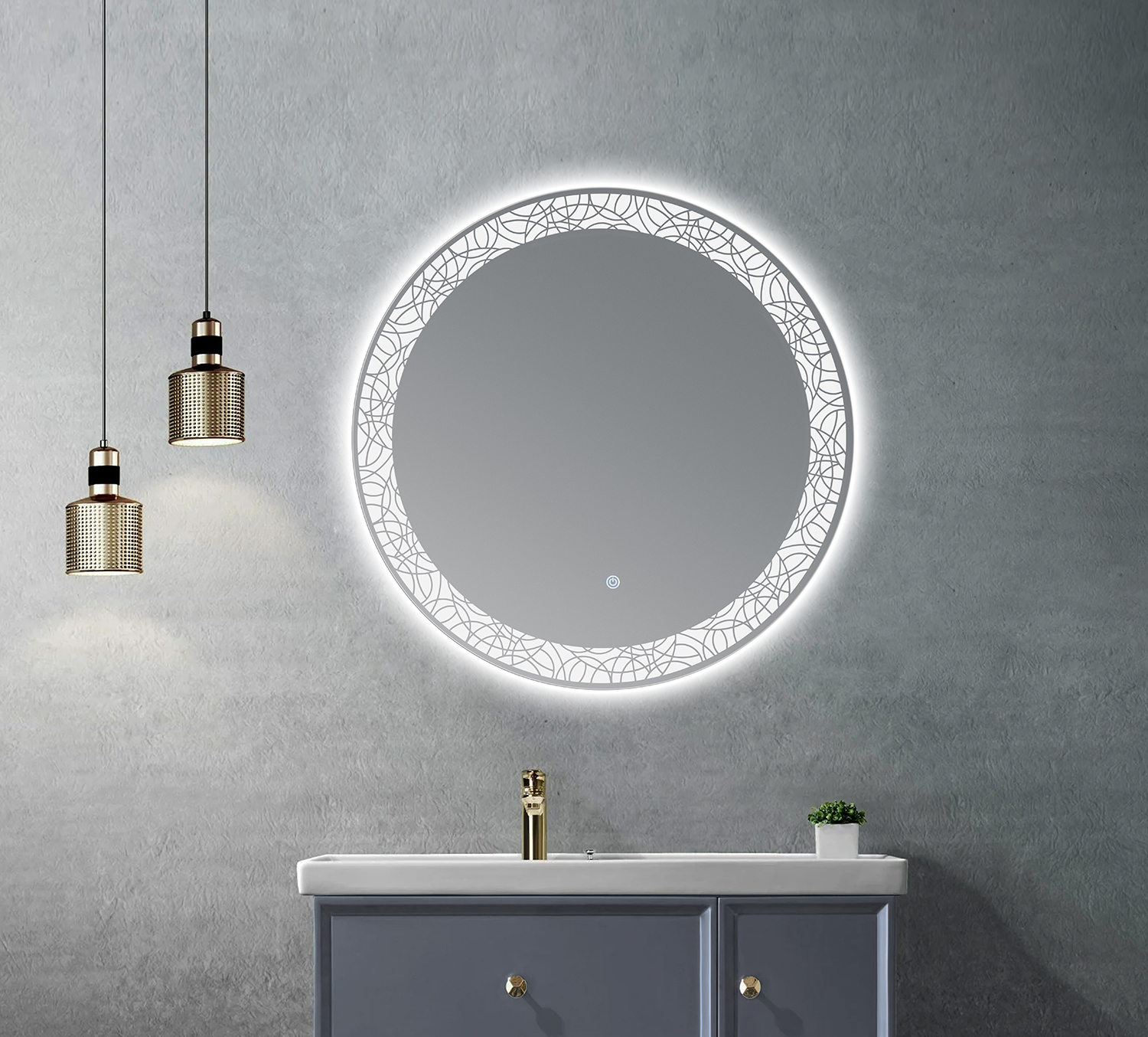 Round LED Bathroom Mirror With Decorative Etched‑Pattern Light Ring Wall‑Mounted Vanity Mirror
