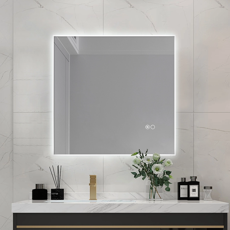 Square LED Bathroom Mirror Solid‑White Acrylic Frame Backlit Wall Mirror