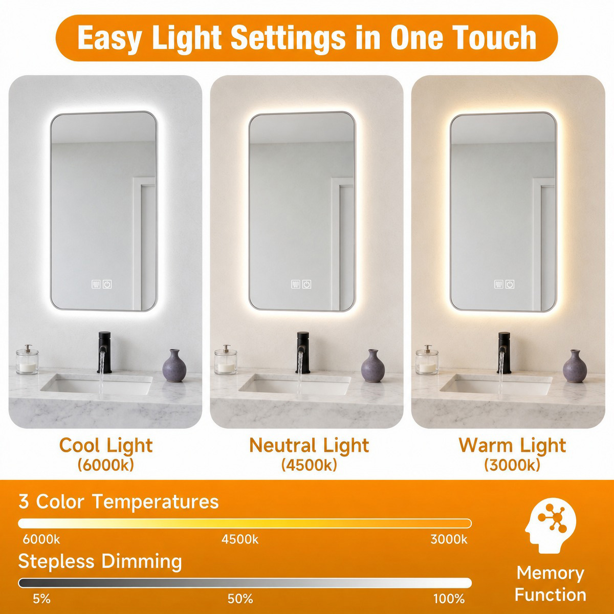 cool neutral warm light, stepless dimming, memory function