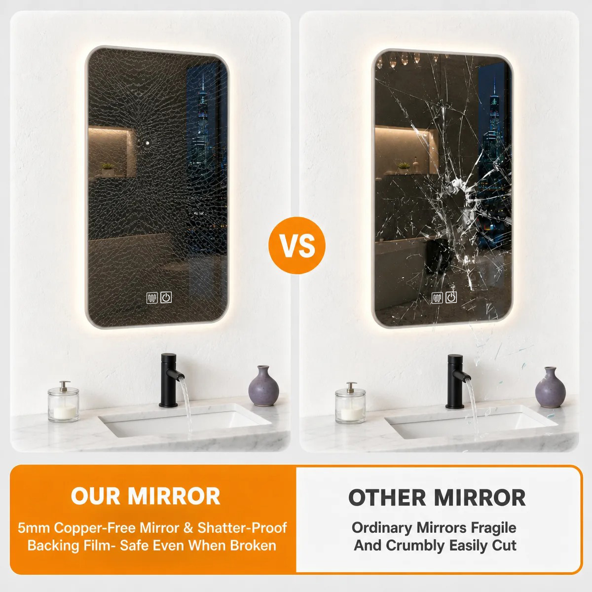5mm copper-free mirror and shatterproof backing film, safe even when broken