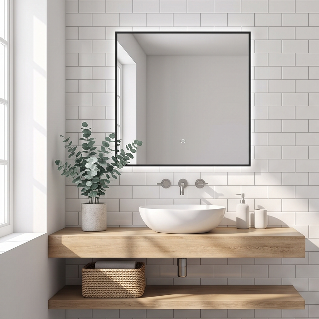 Square Thin Black Aluminum Framed Backlit Smart Anti-Fog Dimmable Illuminated LED Bathroom Wall Mounted Home Decor Vanity Makeup Cosmetic Light Mirror